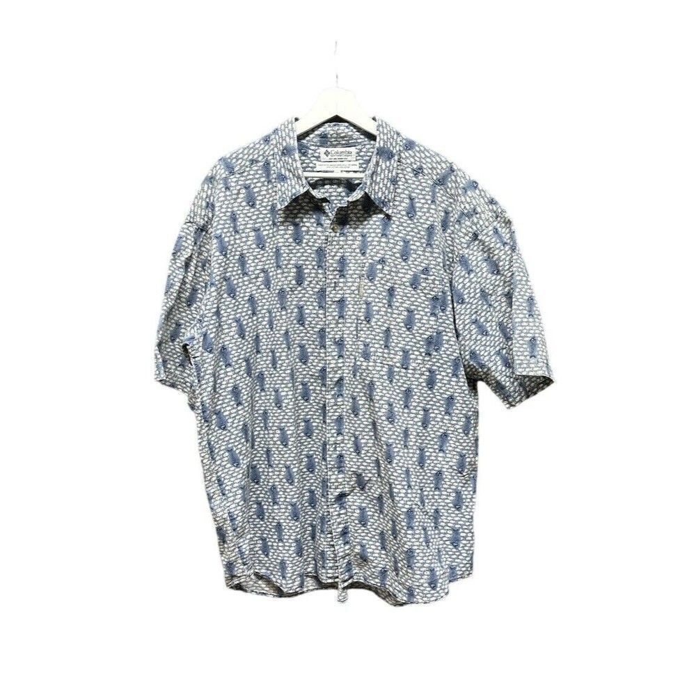 Columbia Men's XXL Blue Hawaiian Button Up Shirt Casual Short Sleeve Cotton Fish